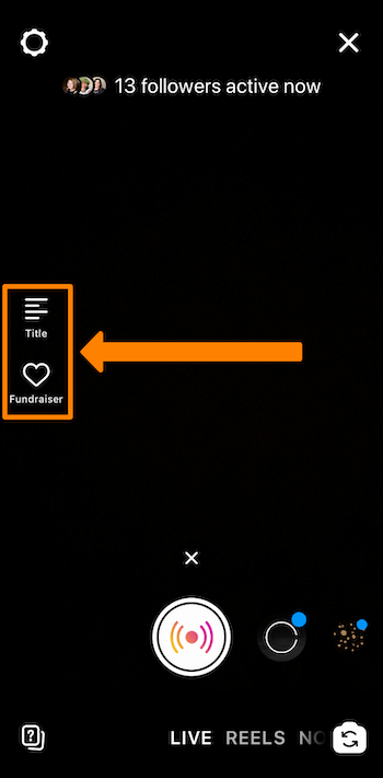 screenshot of an Instagram Live broadcast showing the Title and Fundraiser icons circled in orange