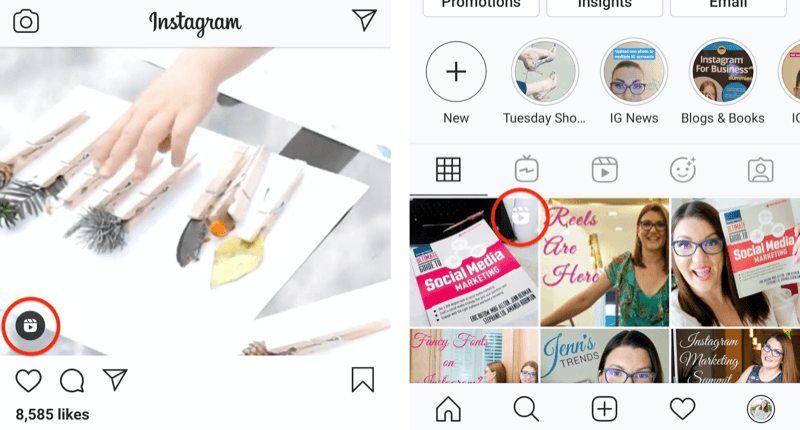 instagram reels icon shown on a feed post an on a profile grid square