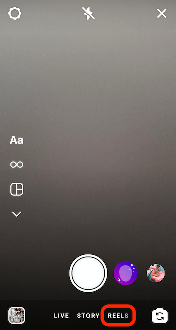 reels menu option at the bottom of the instagram stories camera