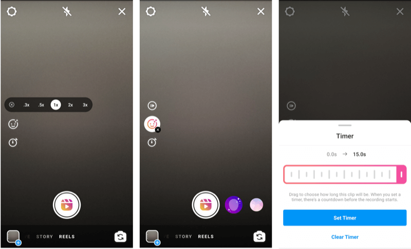 screenshots showing the instagram reels timer option and settings 
