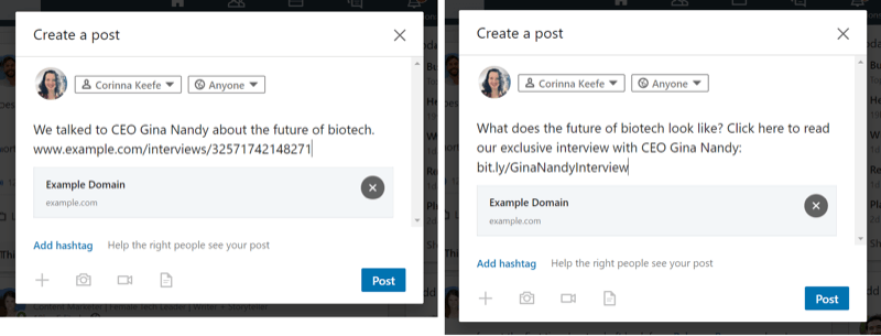 Screenshot of two LinkedIn posts. The first post reads, We talked to CEO Gina Nandy about the future of biotech, followed by a numerical URL. The second post reads, What does the future of biotech look like? Click here to read our exclusive interview with CEO Gina Nandy, followed by a customized bitly link labelled Gina Nandy Interview.