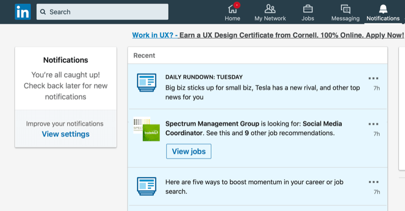 screenshot of the LinkedIn Notifications tab showing the message, You're All Caught Up