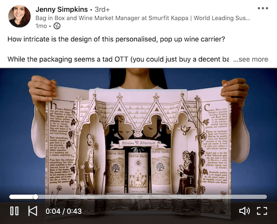 example of a linkedin video from jenny simpkins showing how to use the built-in detailed packaging of a wine pack to impress