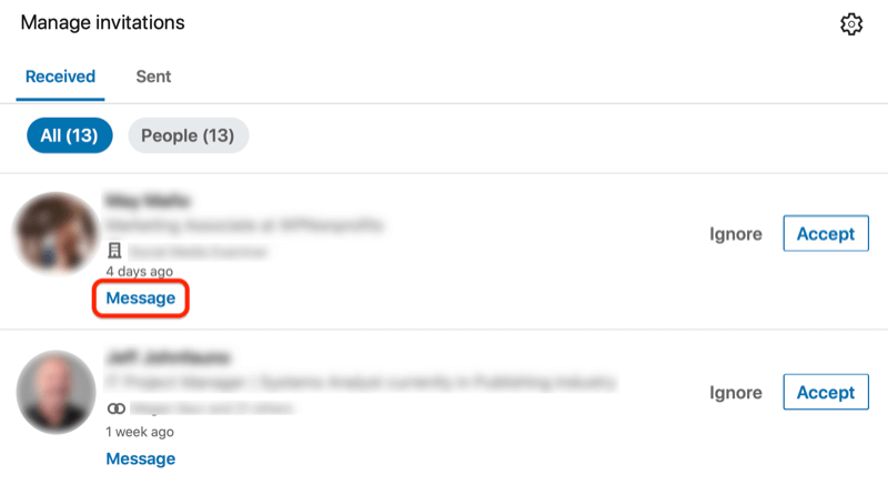 screenshot of the LinkedIn Manage Invitations page with the Message link circled in red