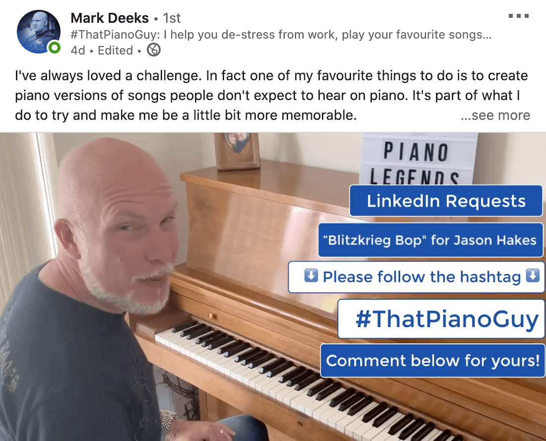 example of a linkedin video from mark deeks showing call to action text overlays such as 'linkedin request', 'please follow the hashtag' and 'comment below for yours!' among others