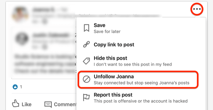 screenshot of the ... drop-down menu for a LinkedIn post with the Unfollow option circled in red