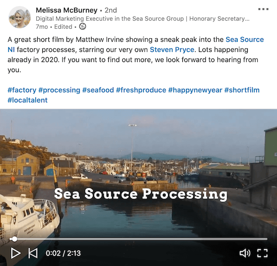 example of a linkedin video from melissa mcburney of the sea source group showing some behind the scenes footage of their factory processes