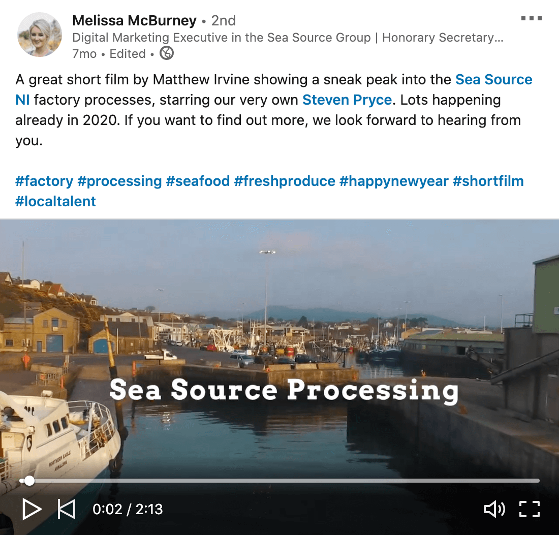 example of a linkedin video from melissa mcburney of the sea source group showing some behind the scenes footage of their factory processes