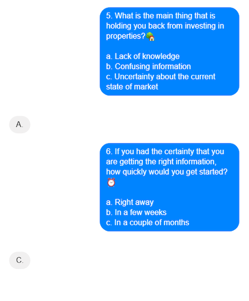 example of a chatbot funnel used to qualify leads from the same property investment training firm