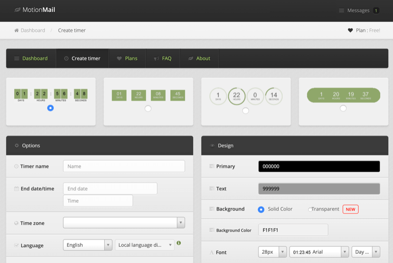 screenshot of montionmail dashboard settings and options