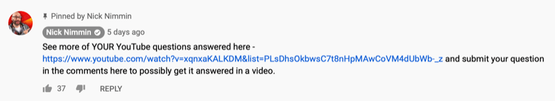pinned youtube video comment by nick nimmin sharing another youtube video his audience might be interested in