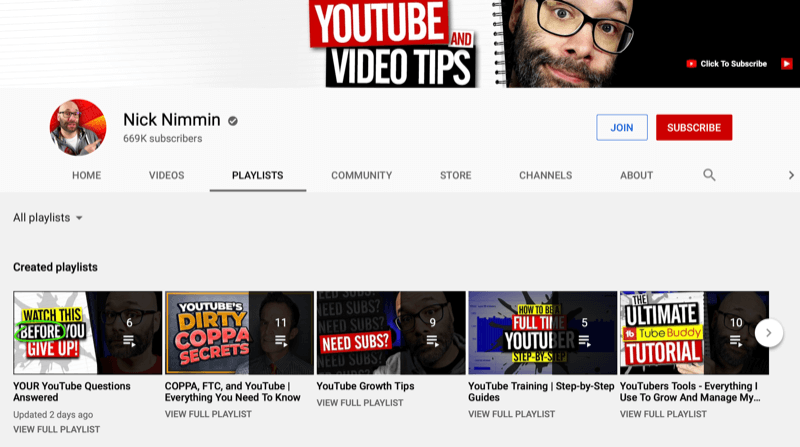 screenshot of the nick nimmin youtube channel main page on the playlist tab, showing several created playlists