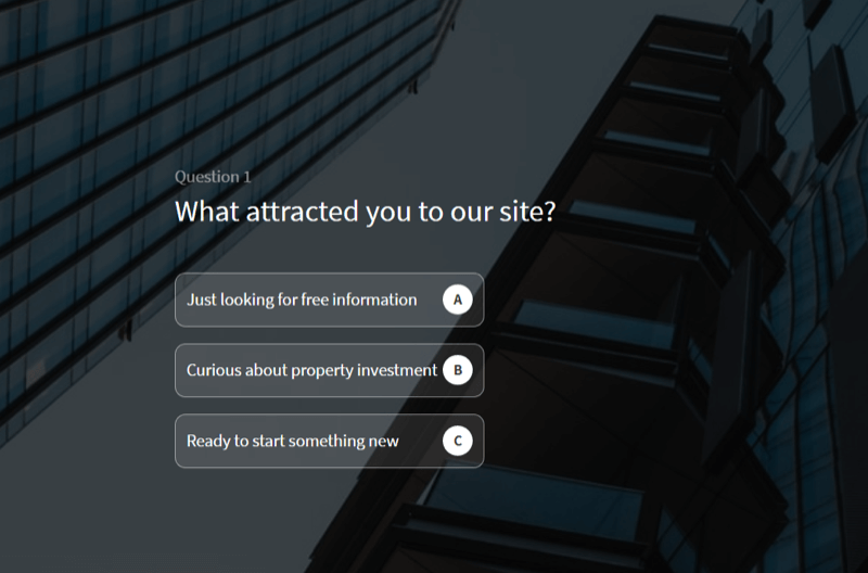 example of a website quiz used to qualify leads on a property investment training firm site