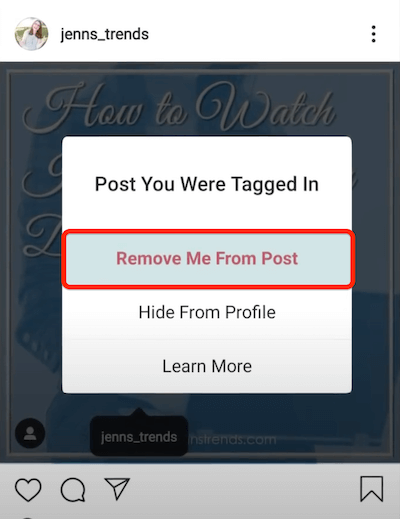 remove me from post option shown in the three dots menu of an instagram post