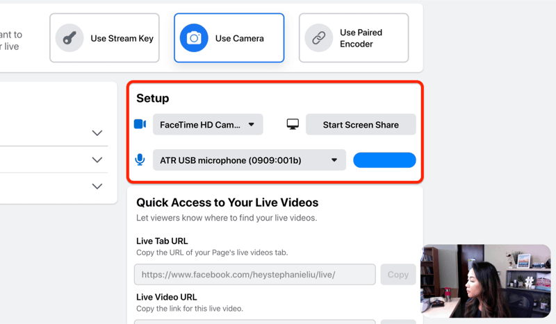 facebook live stream setup option to select your camera and microphone and/or screen share