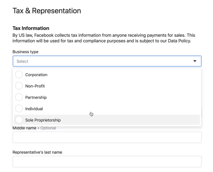 set-up menu option examples under the tax & representation facebook shop menu option