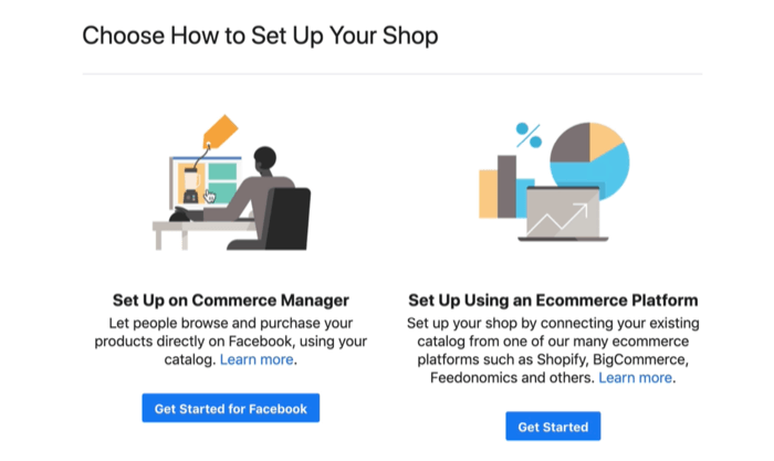 options to set up your facebook commerce account on a commerce manager or an ecommerce platform