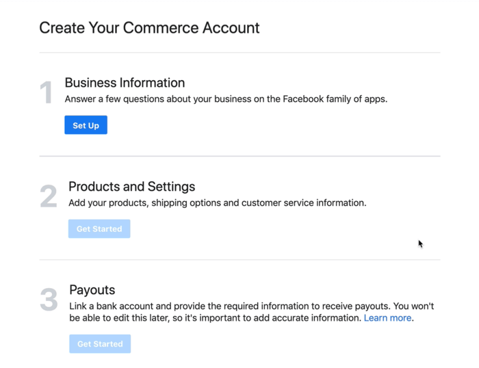 dialog box to set up your business information for your facebook commerce account