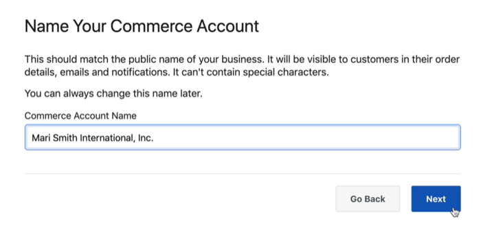 dialog box option to name your facebook commerce account