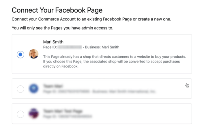 option to connect your facebook account during facebook commerce account set up