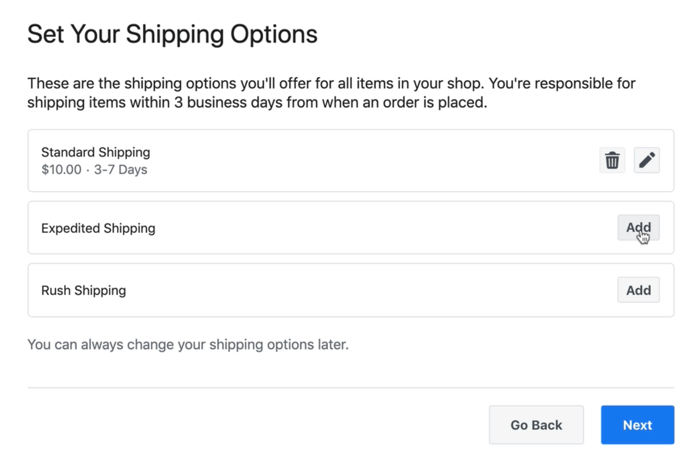screenshot example of facebook shop shipping options which might be available