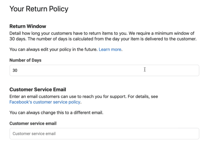 screenshot example of facebook shop return policy and customer service email which might be available