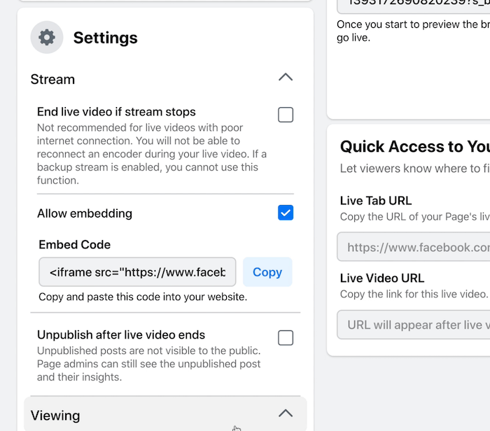 facebook live stream broadcast stream settings to end live if stream stops, allow embedding with the embed code, and unpublish video after live ends