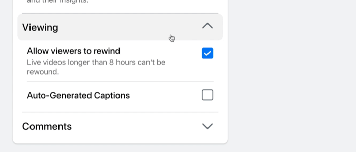 facebook live stream broadcast viewing settings to allow viewers to rewind and auto-generate captions