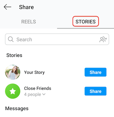 screenshot of the instagram posting screen showing the stories tab allowing for reels to be shared to your story or close friends list