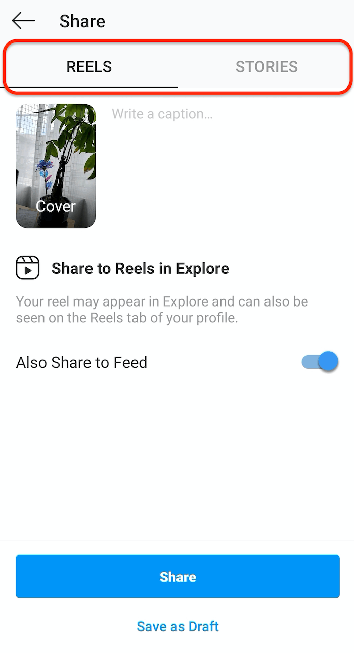 screenshot of the instagram posting screen showing the reels tab allowing for reels to be shared in explore and to your feed