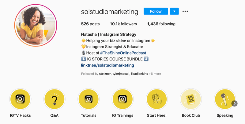 screenshot of Sol Studio Marketing Instagram account bio