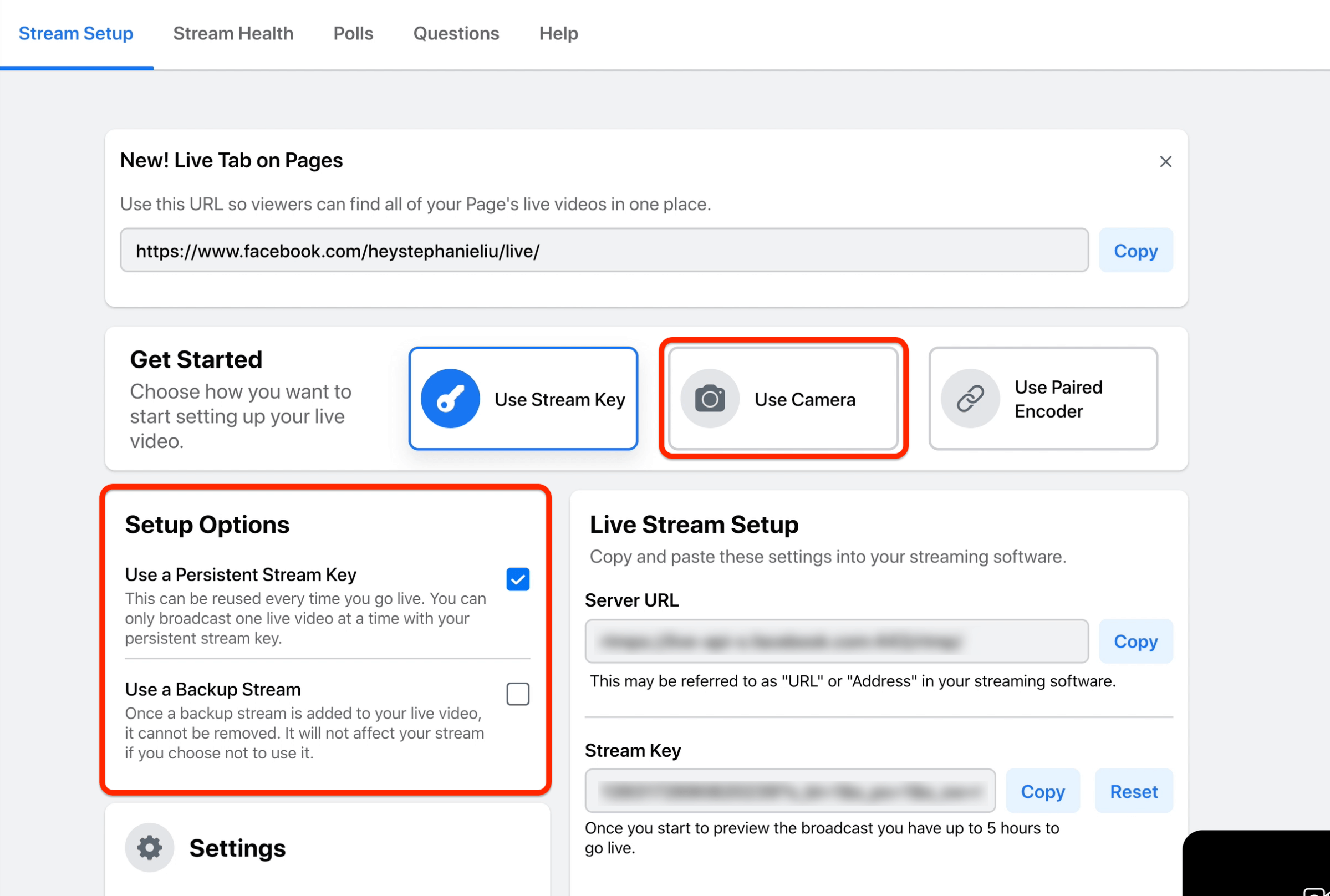 facebook live stream setup options to use a camera and use a persistent stream key