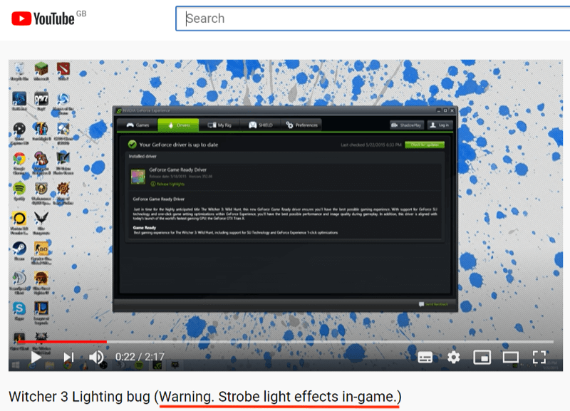 Screenshot of a YouTube video. The video is titled, Witcher 3 Lighting bug. Warning. Strobe light effects in game.