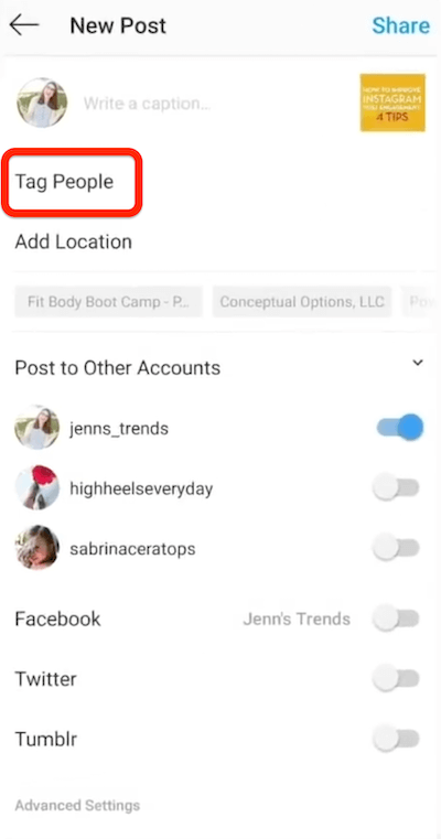 instagram new post option to tag people