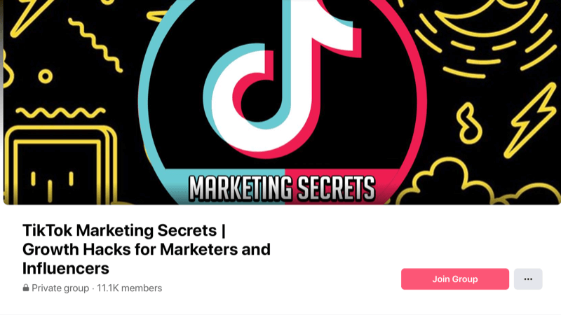 screenshot of the tiktok marketing secrets facebook group cover photo and header