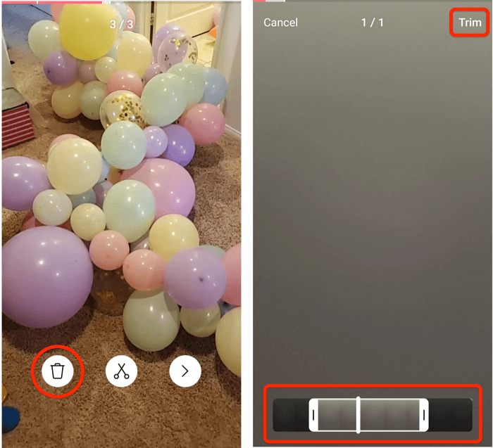 screenshots of instagram reels trim menu options and the trim screen view