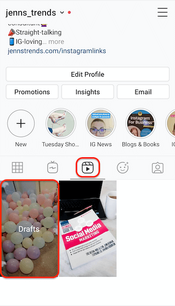 screenshot of the instagram reels tab on a profile showing the placeholder for reels drafts