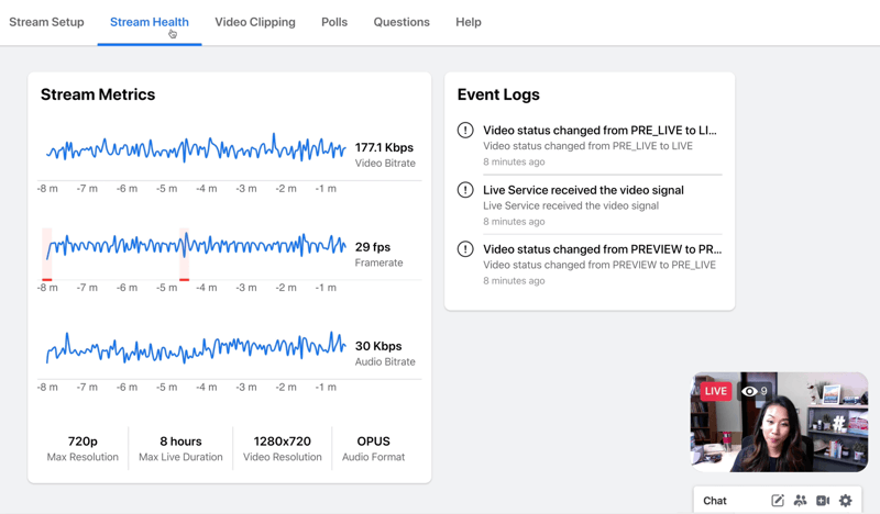 sample of facebook live stream as it appears to the stream host when viewing stream metrics under stream health including graphs for video bit rate, frame rate, and audio bit rate