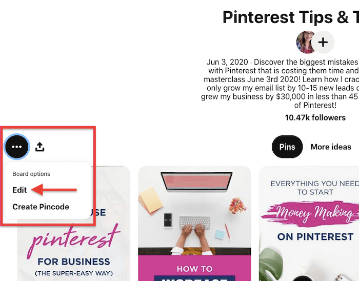 screenshot of a pinterest board with the three dots menu highlighted and the edit option identified