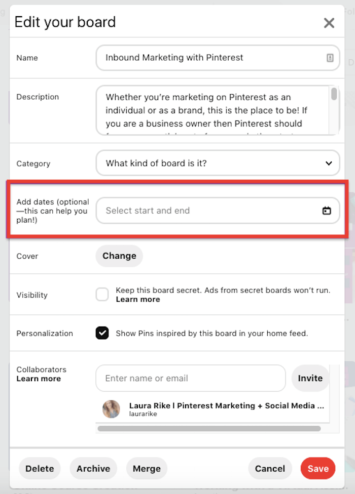 pinterest edit your board menu with the add dates option highlighted