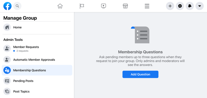 facebook manage group option highlighting the membership questions option