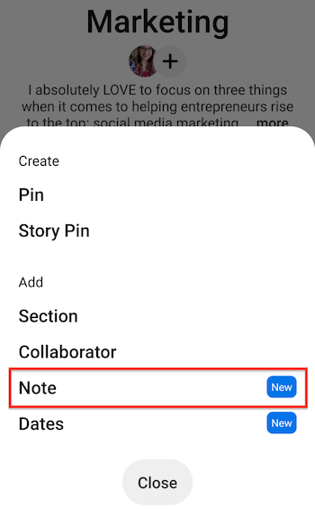 pinterest board mobile screenshot with the create / add menu options showing the note option highlighted
