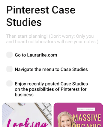 pinterest board note with a checklist included as part of the copy