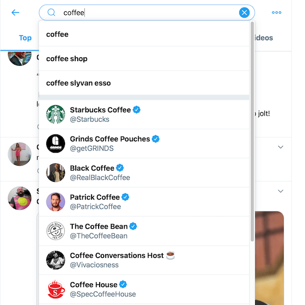 sample of search results from searching coffee in the twitter search box