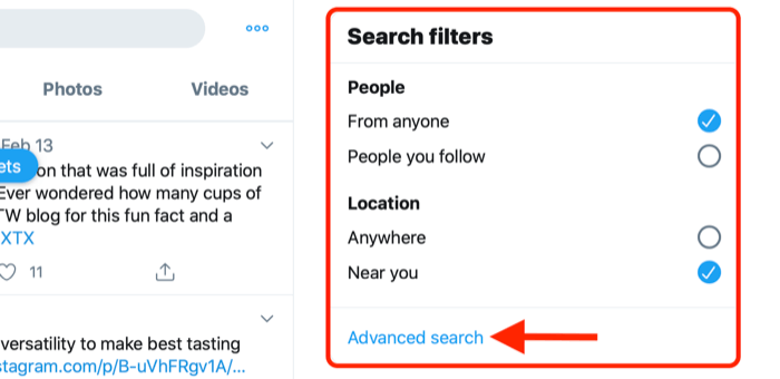 screenshot showing the advanced search link in the twitter search filters box