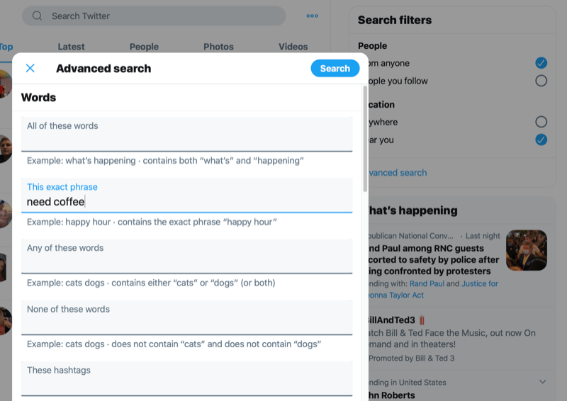 screenshot of the advanced search options with need coffee typed into the this exact phrase box