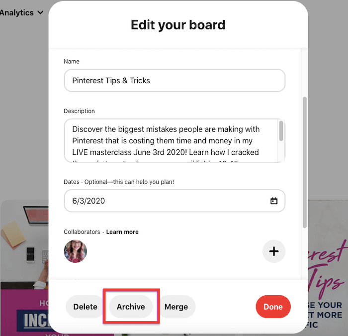 pinterest edit your board menu with the board archive option highlighted