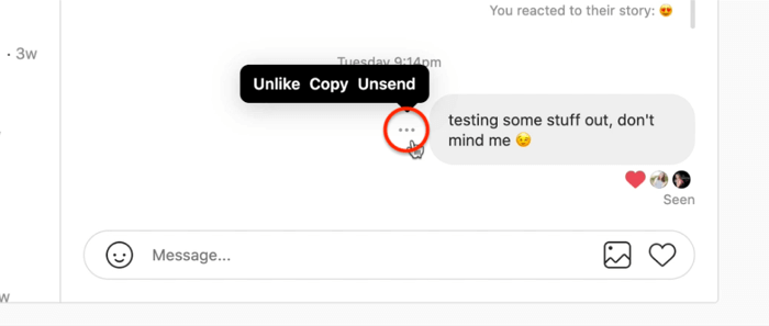 direct messages three-dots icon sent message menu options showing options of unlike, copy, and unsend