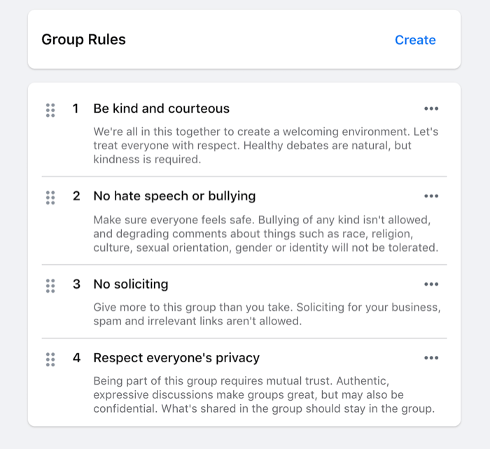 example of rules set for a facebook group such as be kind, no hate speech, no soliciting, etc.