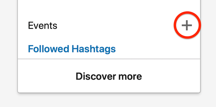 plus button highlighted on the event menu to create a new linkedin event